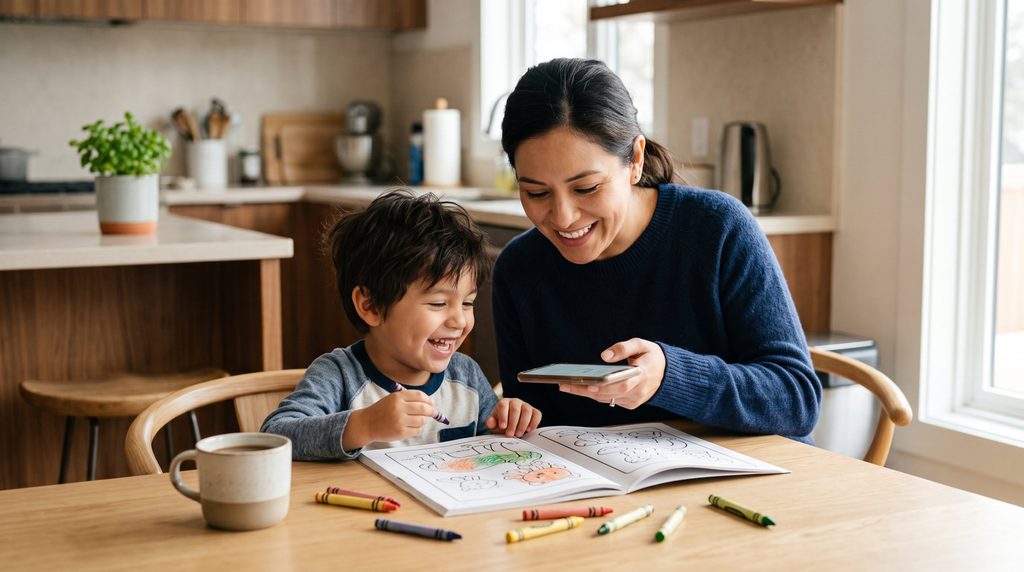 A mother and her son laughing while coloring a bilingual book and scanning its QR code with a phone