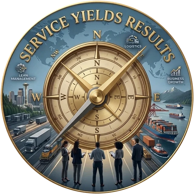 Service Yields Results compass emblem showing logistics, lean management and business growth